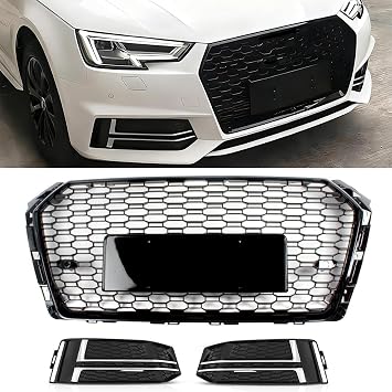 Front Grill Grille Honeycomb Glossy Black RS4 Style w/Fog Light Lamp Cover Fit for Audi A4 B9 S-Line 2017-2019