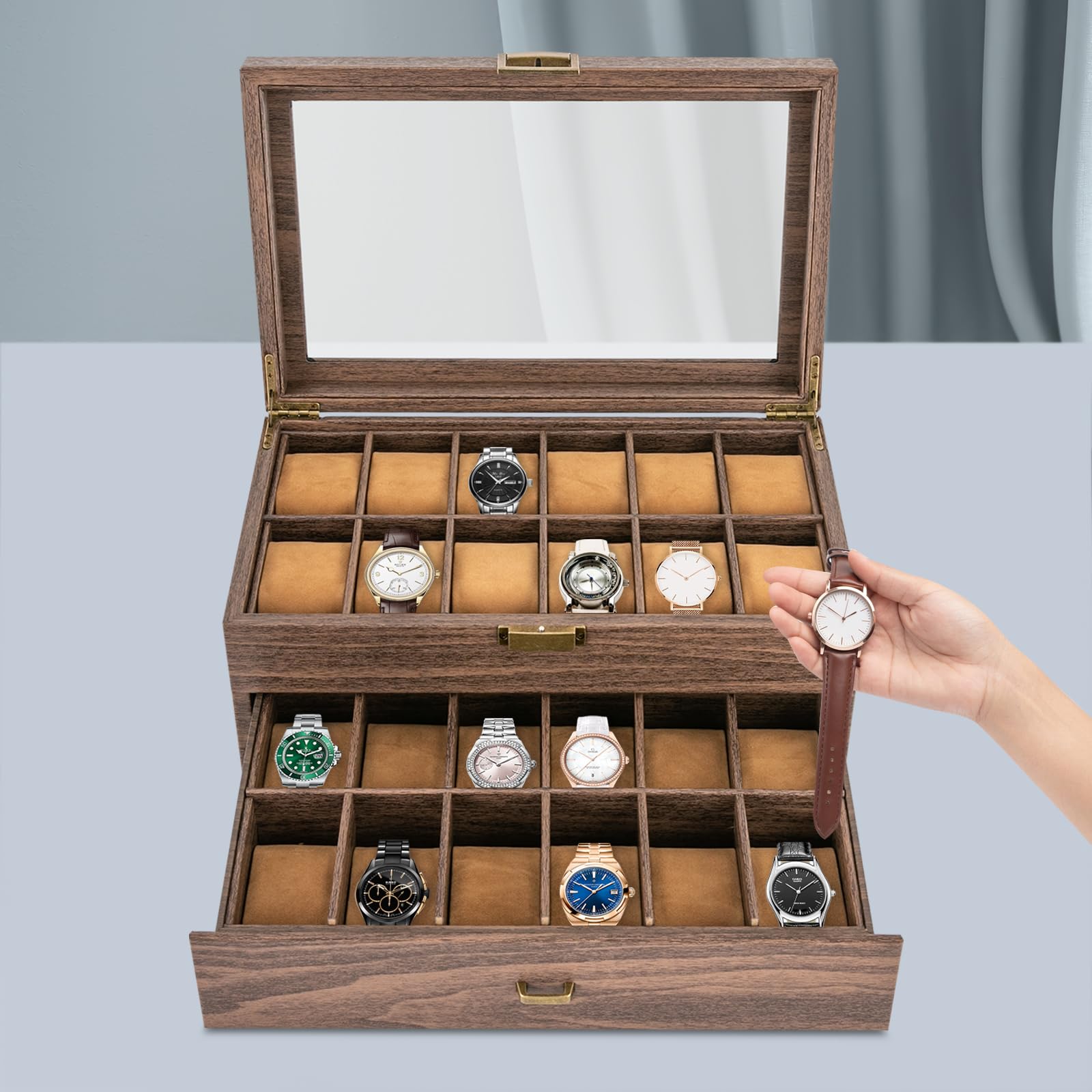 Caja para relojes con 24 compartimentos de madera, organizador para hombres y mujeres, hoja de cristal para guardar relojes, caja de almacenamiento para relojes y joyas, caja de regalo, 34 x 21 x 15