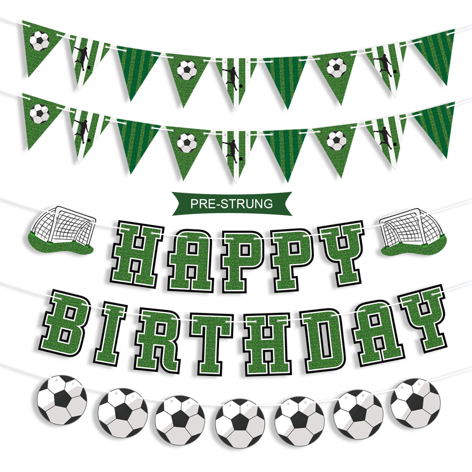 Tellpet Pre-Strung Football Happy Birthday Banner, NO-DIY Soccer Sports Theme Party Decorations for Kids and Adults, Green