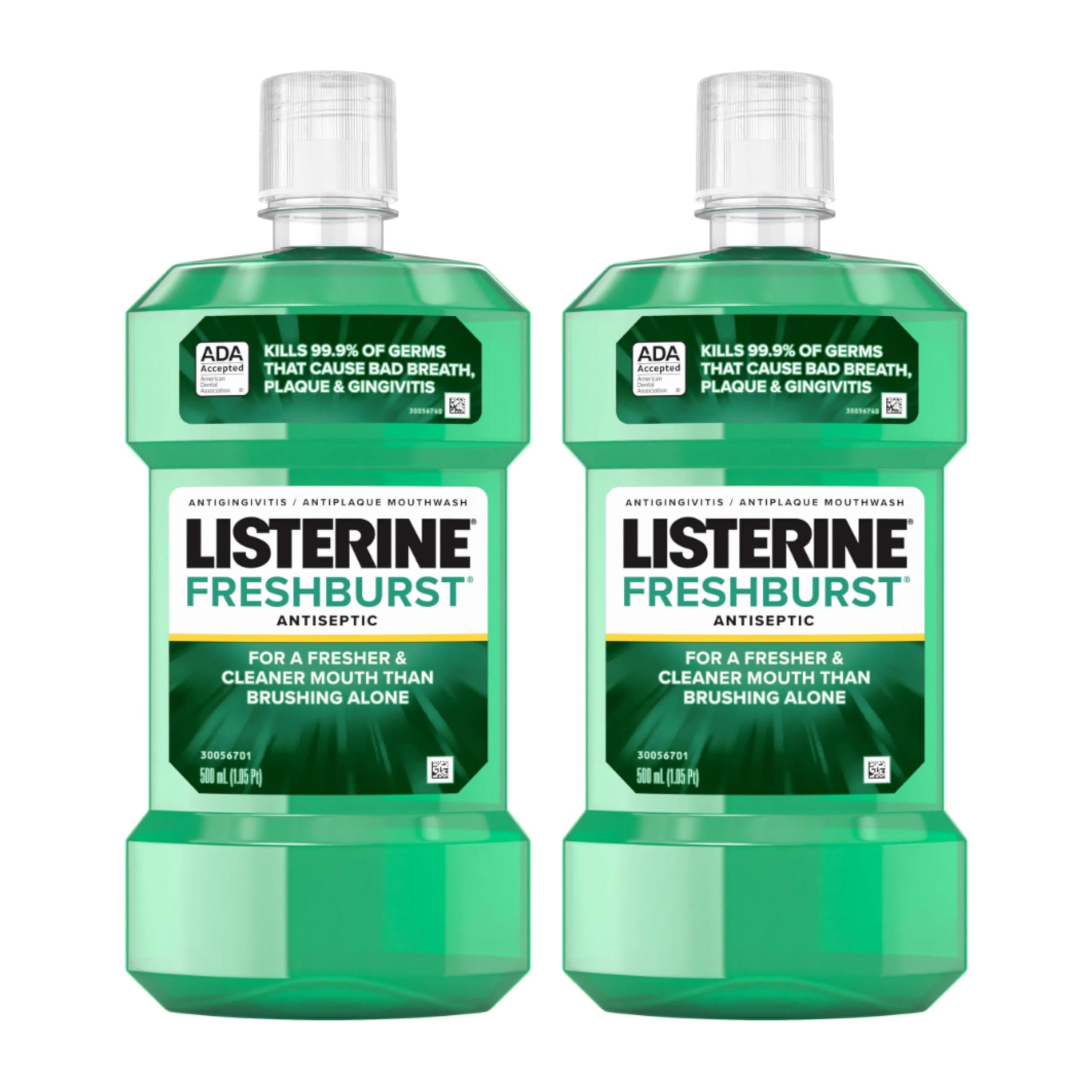 Freshburst Antiseptic Mouthwash for Bad Breath, Kills 99.9% of Bad Breath Germs & Fights Plaque & Gingivitis, ADA Accepted Mouthwash, Spearmint, Convenience Pack, 2 x 500 mL