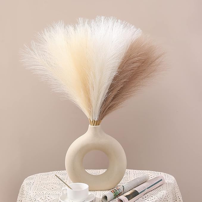 Serwalin Artificial Pampas Grass Decor 17.7 Inch 6pcs Boho Decor, Faux Pampas Grass Living Room Party Home Decor, Natural Small Fake Pampas Grass Vase Filler Centerpieces Arch Decor