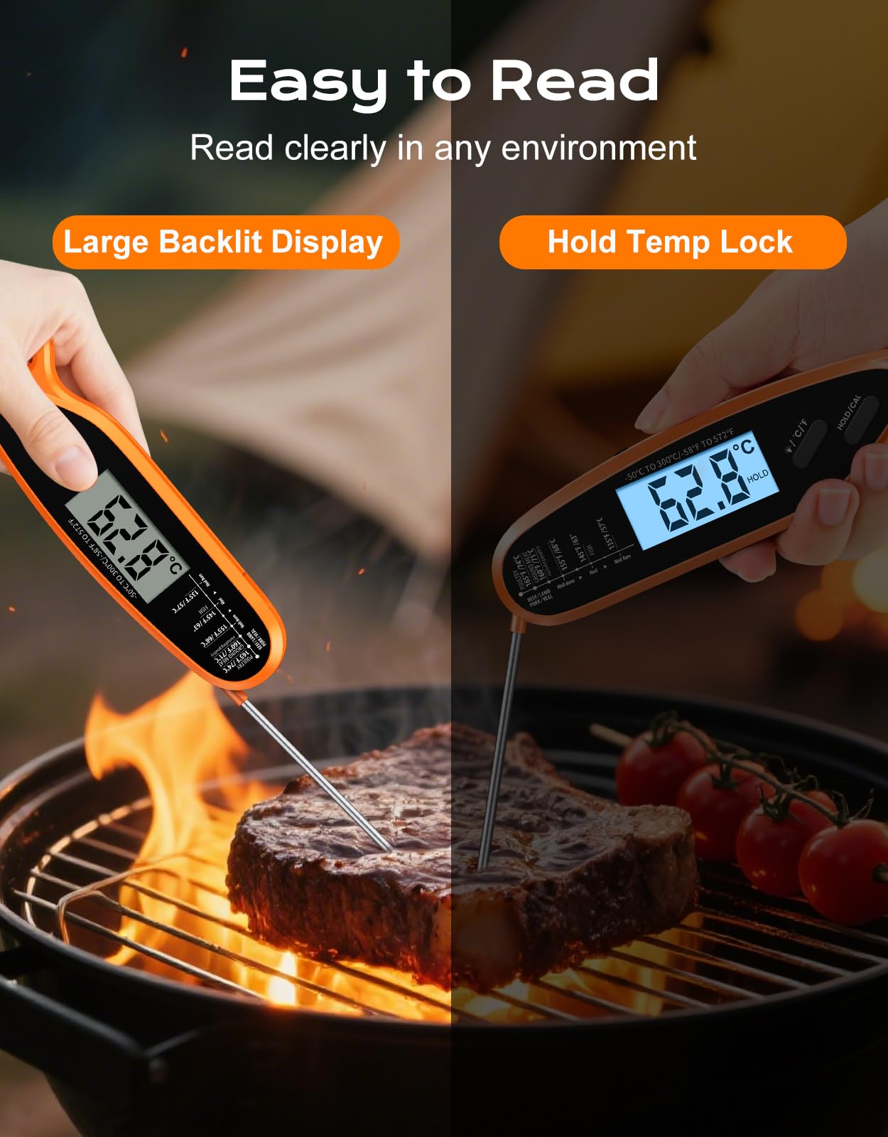Digitales Fleischthermometer zum Kochen mit Doppelsonde, großer Hintergrundbeleuchtung & Kalibrierung, sofortiges Ablesen von Lebensmittelthermometern für Süßigkeiten, Ofen, Grill, BBQ, Smoker