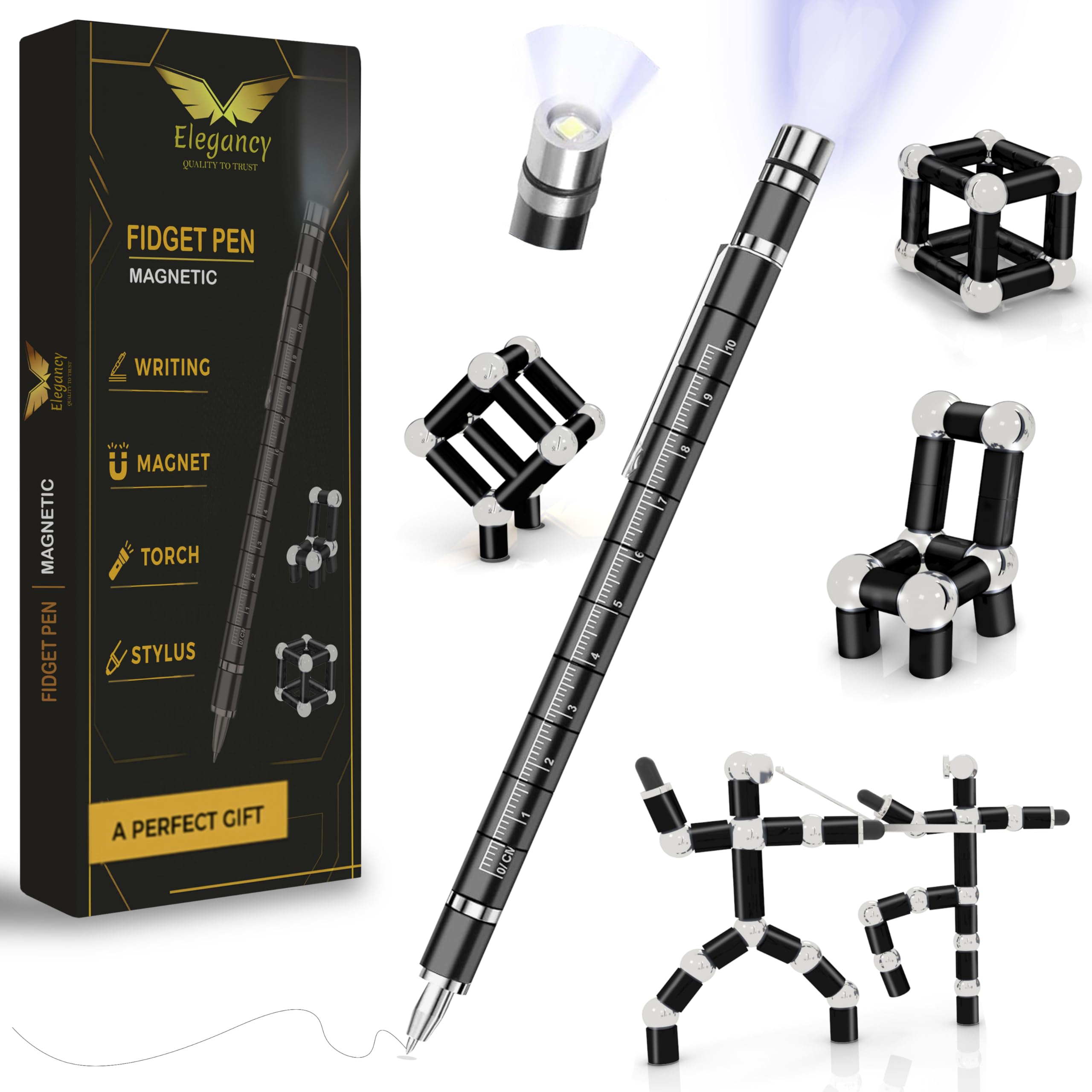 Elegancy Magnetic Fidget Pen with Light Stocking Fillers Magnetic Pen LED Cool Gadgets Stuff Dad Gifts for Teenage Girls Boys for Men Black (Light Edition)