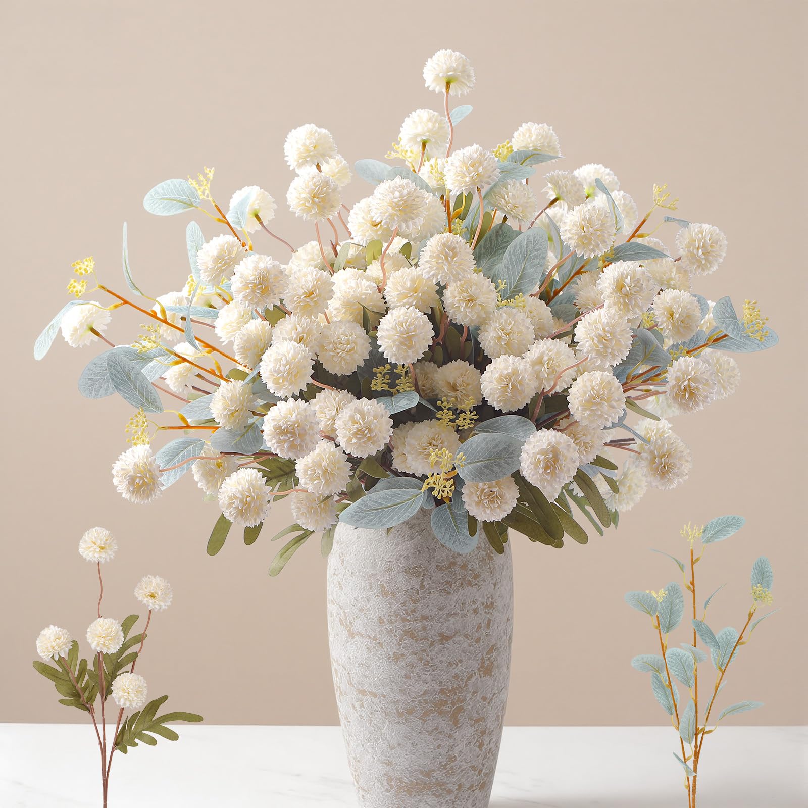 Alupssuc 16PCS Faux Silk Pompon Mums Artificial Flowers with Eucalyptus, Fake Chrysanthemum Floral for DIY Vase Arrangement, Long Stem Dining Table