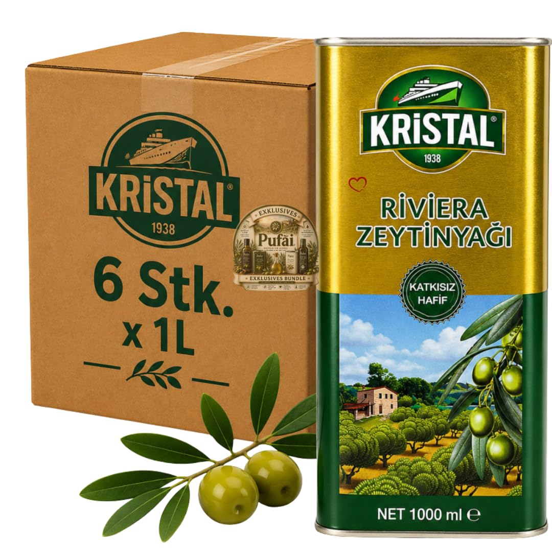 PUFAI Bundle – Olivenöl Riviera – Vielseitiges Speiseöl für Kochen & Braten, 1L, 6 Stück
