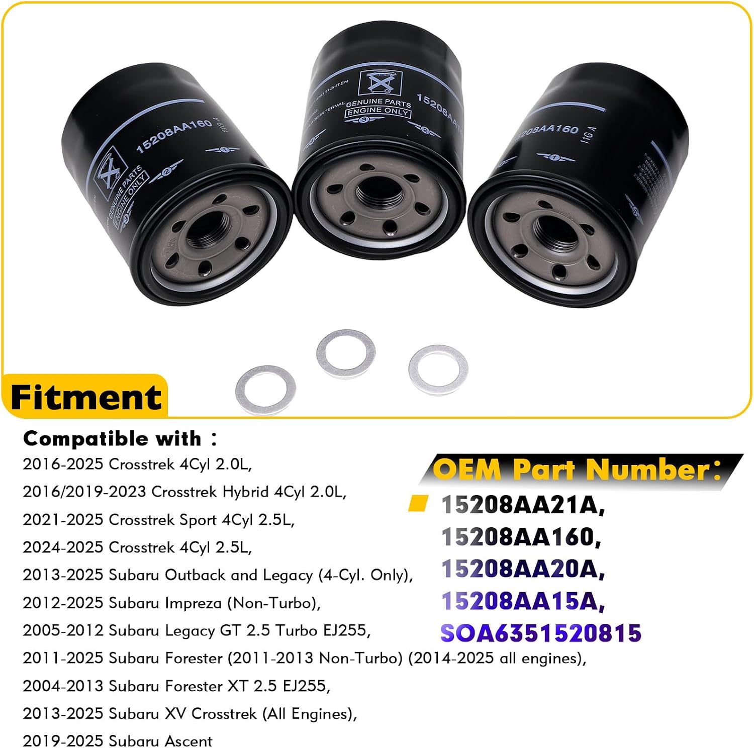 15208AA21A Engine Oil Filters Fit for Subaru 2013-25 Outback & Legacy, 2012-25 Impreza, 2011-25 Forester, 2016-25 Crosstrek, 2013-25 XV Crosstrek, 2019-25 Ascent Replace 15208AA160,15208AA20A(3 Pack)