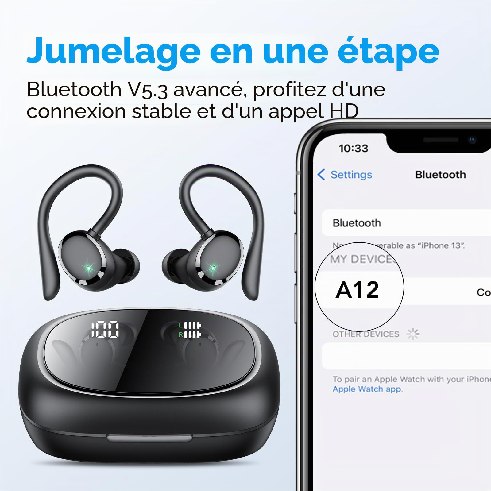 Ecouteurs Bluetooth sans Fil Sport, 72H Casque Bluetooth 5.3 avec CVC8.0 Antibruit,Ecouteurs sans Fil avec 4 ENC Mic,IPX7 Étanche Oreillette Bluetooth,Oreillette Sans Fil pour Running,Casque Écran LED