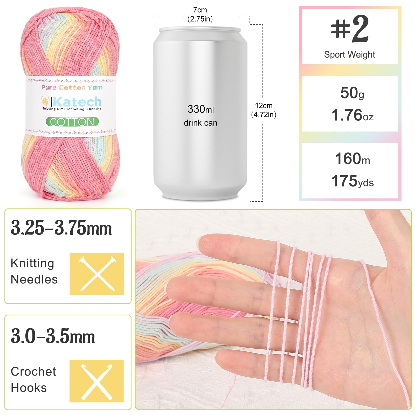 Katech 1OO% Ombre Cotton Yarn for Crocheting - 2 Sport Weight Baby Yarn for Knitting - 6 Pcs of 50g(1.76oz)/160m(175yd), Fine Soft Multicolor Yarns for Baby Blankets, Afghans, Shawls, Dress, Hats (B) — view 2