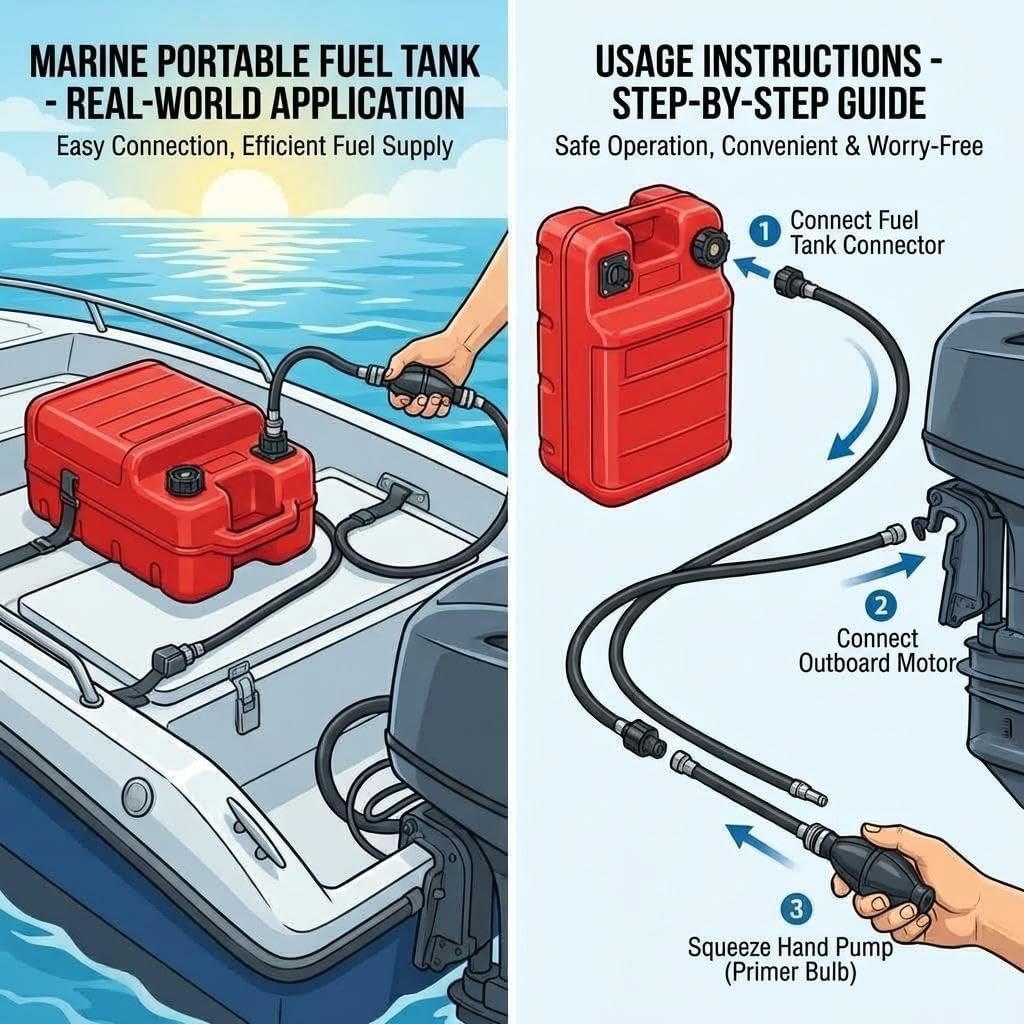 24L Portable Boat Tank 6 Gal, Outboard Marine Tank with 9.8ft Hose & Level Gauge Line l-Shaped Handle Easy to Carry