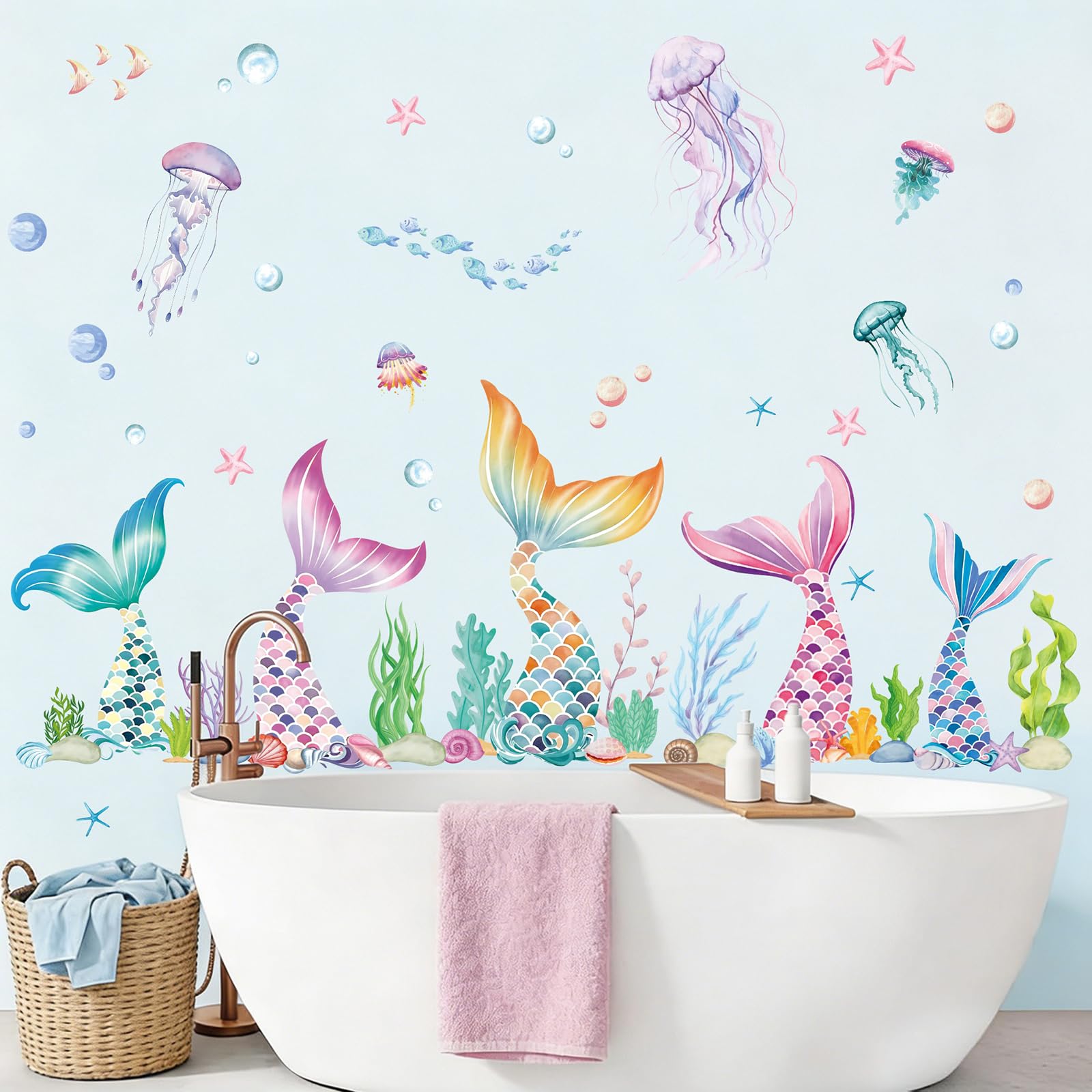 CHDITB Mermaid Tail Under The Sea Jellyfish Seaweed Wall Sticker Bathroom Stickers