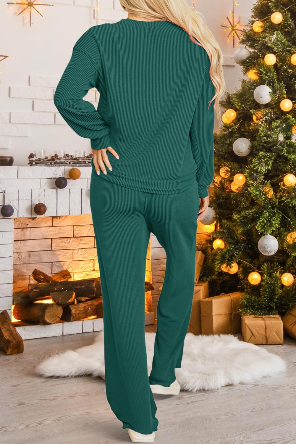 Deer Lady 2 Piece Sets for Women Fall Ribbed Long Sleeve Top and Pants Set Pocket Pajama Lounge Sets Travel Outfit Loungewear - Image 5