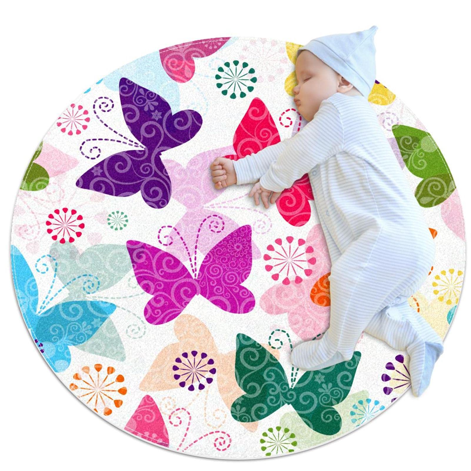 Tapis papillons colorés JDEZ rond 100cm pour sols froids et tristes