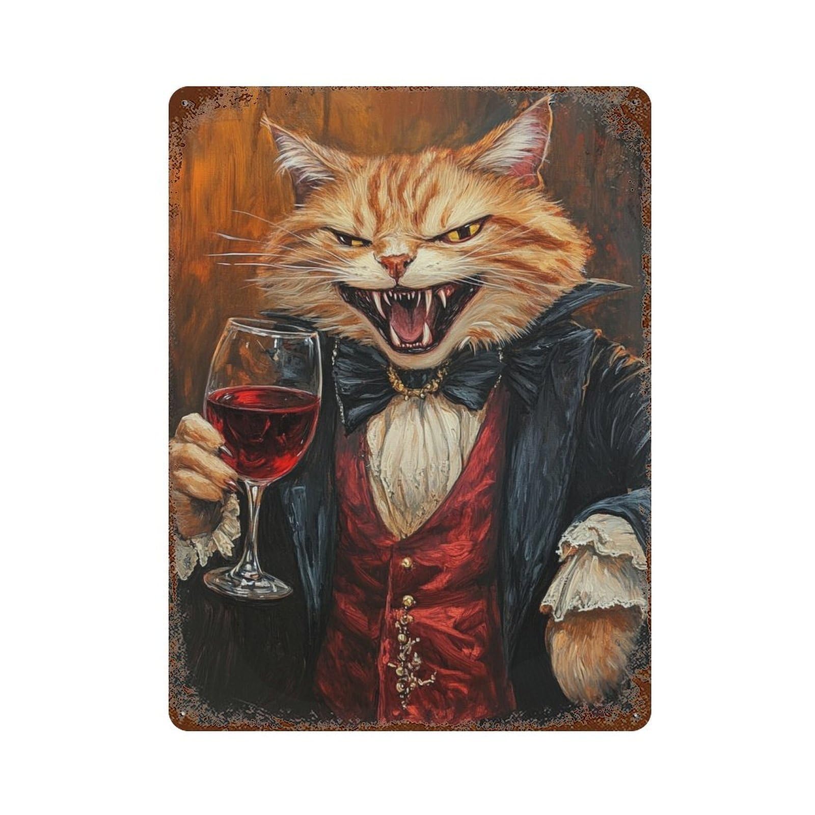 Vampire Cat with Wine Glass Vintage Metal Tin Sign 15.7"x11.8", Ideal for Shed, Workshop And Garage Wall Decor