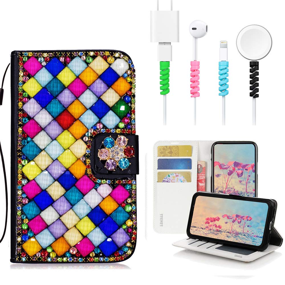 STENES Bling Wallet Phone Case Compatible with LG V60 ThinQ - Stylish - 3D Handmade Square Lattice Bowknot Leather Cover with Cable Protector [4 Pack] - Deep Multicolor