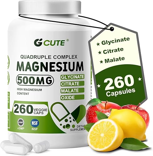 Suplementos de complejo de glicinato de magnesio, 260 cápsulas (130 porciones)  500 mg de magnesio elemental  con glicinato, citrato, malato y óxido