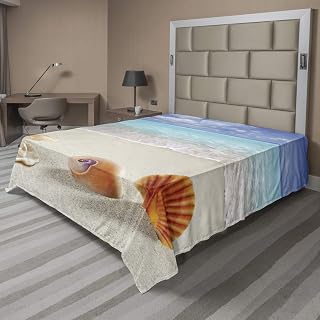 Lunarable Seashells Flat Sheet, Pearl Clam Snail Tropic Sun Seaside Honeymoon Seashells on The Sandy Beach, Soft Comfortable Top Sheet Decorative Bedding 1 Piece, California King, Aqua Marigold