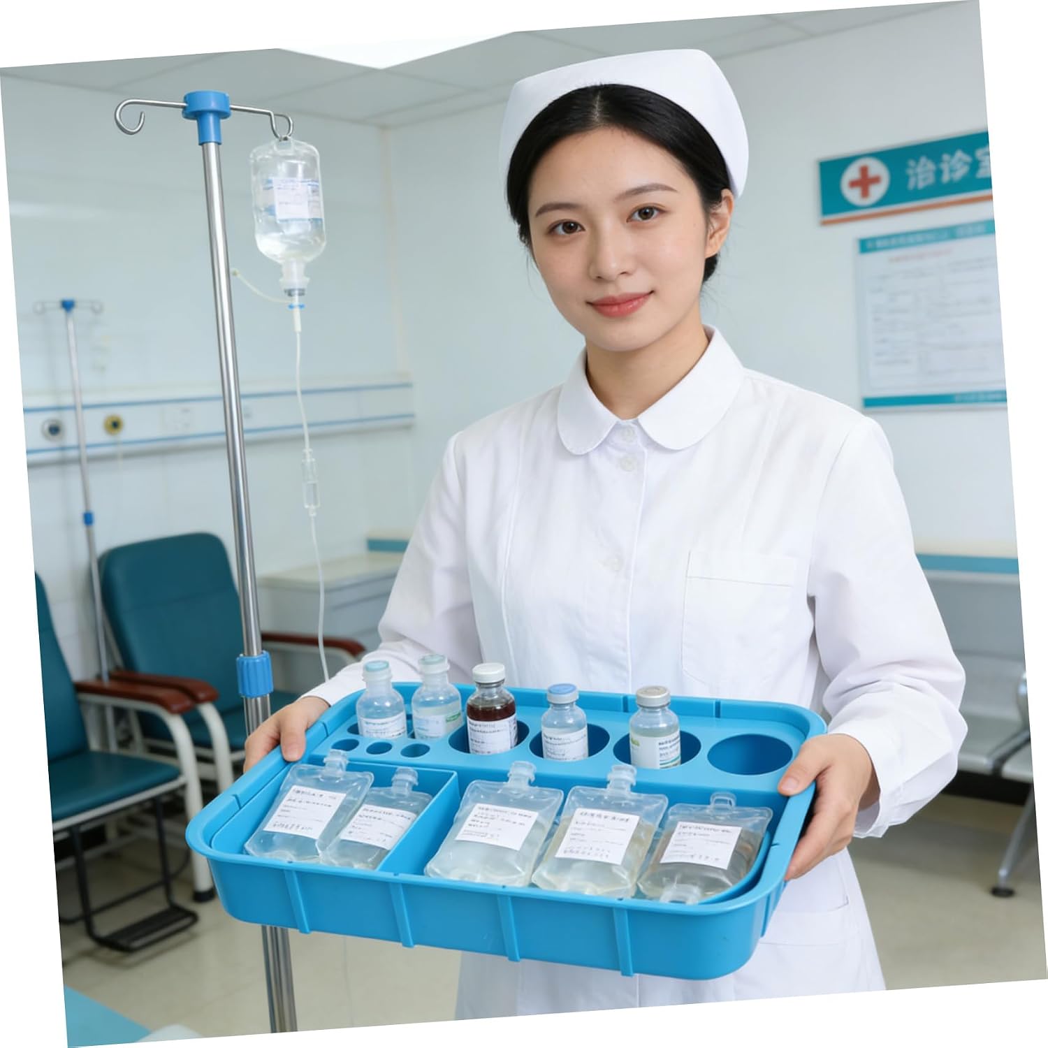 Medication Storage Organizer Tray Blue with Integrated Segmented Compartments Plastic Pill Dispenser Plate Featuring Space Saving and Easy Cleaning for Hospital Cart for Stations