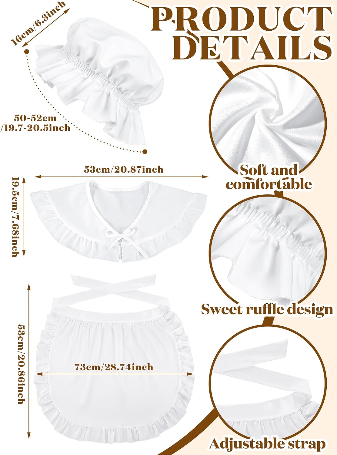 Suhine 3 Pcs Colonial Costume Set White Colonial Bonnet Shawl Wrap Waist Apron Women Pilgrim Costume Accessories