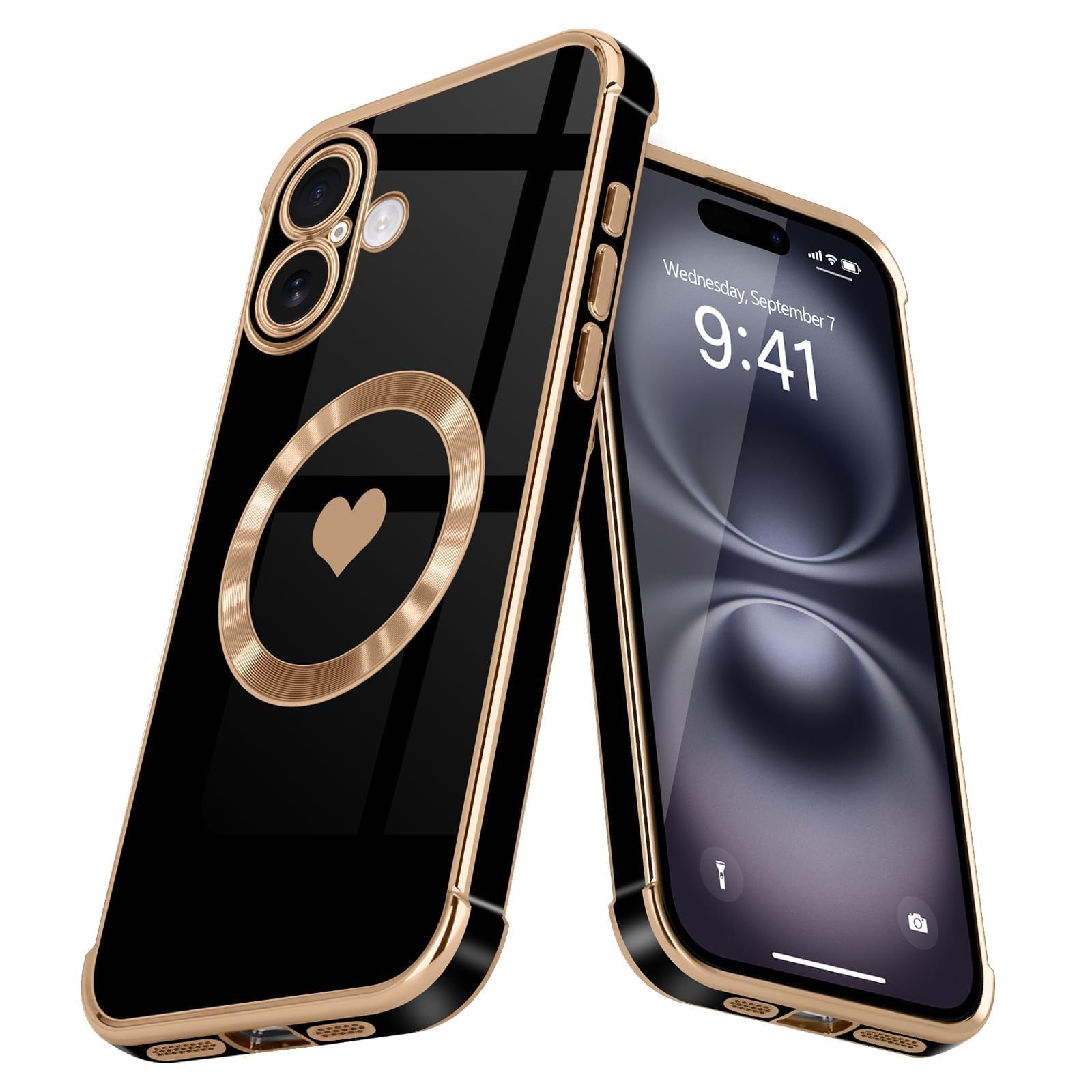 L-FADNUT Magnetic Case for iPhone 16 Plus Women Girl Luxury Plating Cute Love Heart Slim Cover Full Camera Lens Protection Compatible with MagSafe for