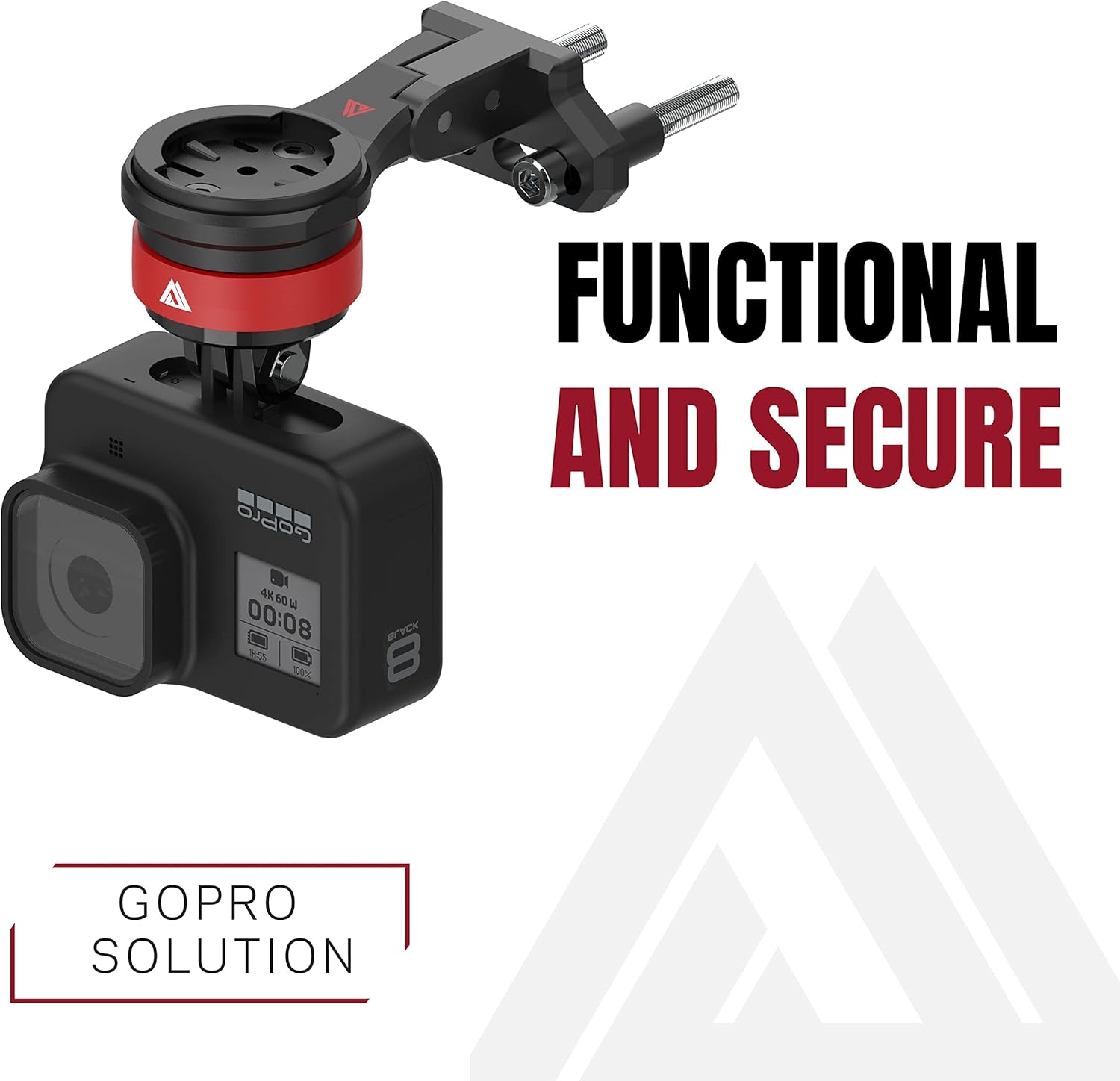 KOM Cycling mount with a GoPro camera attached via the TG03 adapter, demonstrating secure fit.