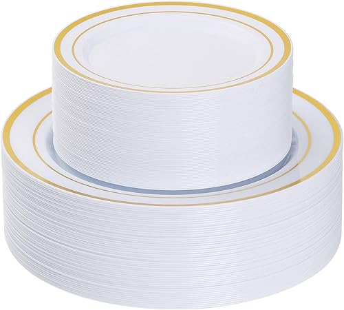 Goodluck 120 platos de plástico dorados, platos dorados desechables resistentes con 60 platos llanos de 10.25 pulgadas y 60 platos de postre de 7.5