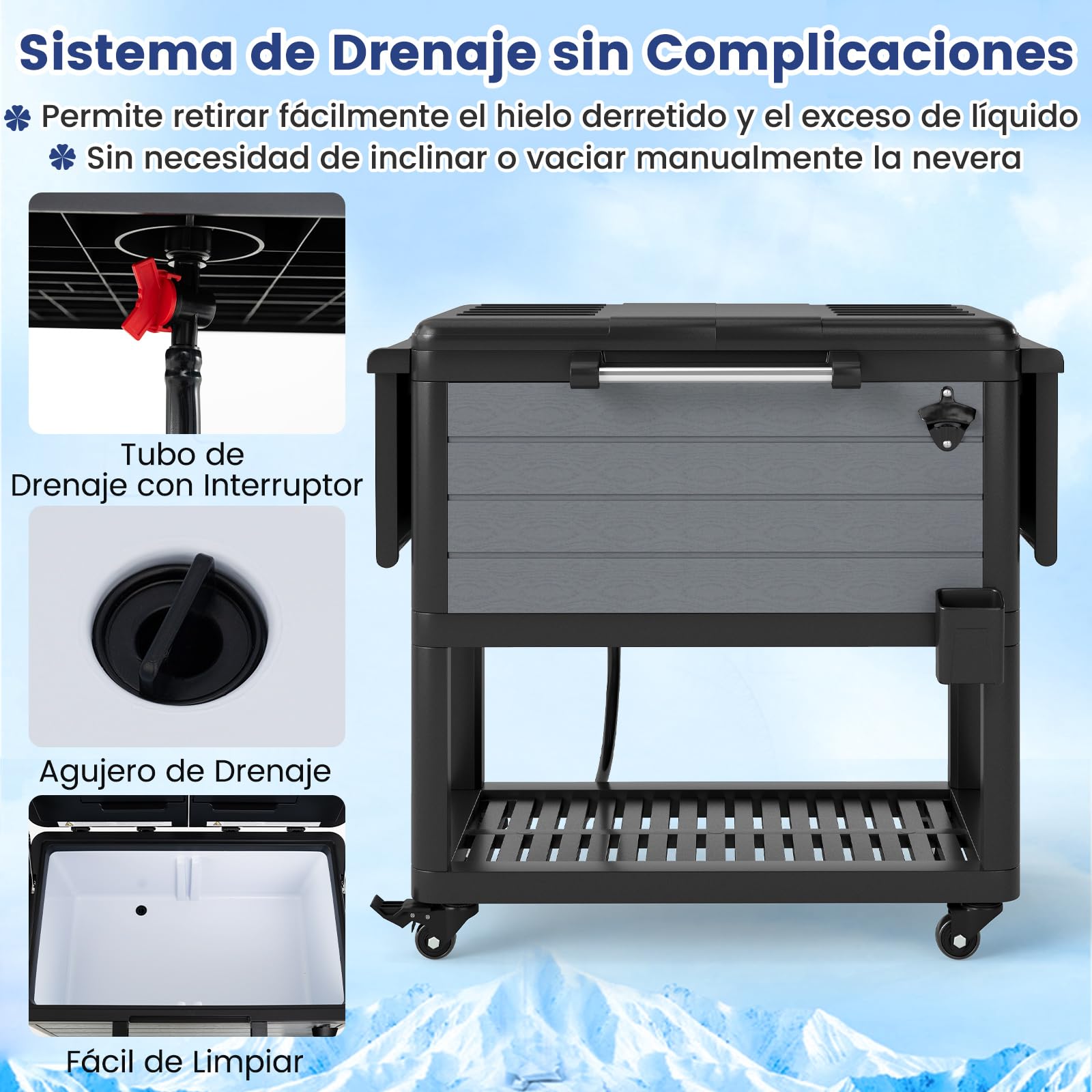 GOPLUS Mesa Nevera Jardin Exterior, 91 L Carrito Nevera Portatil con Ruedas, Estantes de Almacenamiento, Abridor de Botellas, Congelador para Jardín, Camping, Barbacoa, Picnic
