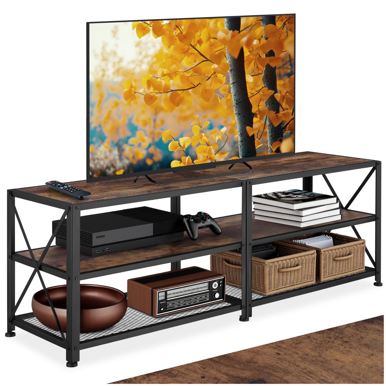 tectake TV-Schrank Lowboard Chicago – Industrial Design, Holz + schwarzes Metallgestell, für TVs bis 60–70 Zoll, Länge 141/161 cm