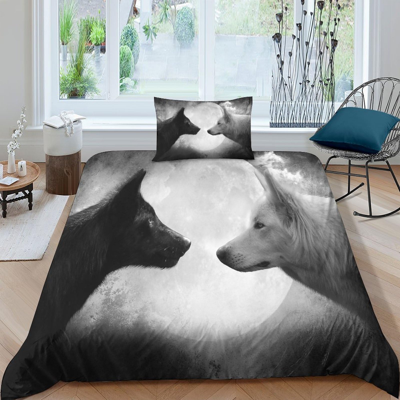 Funda nórdica de lobo 3D en blanco y negro juego de cama 3 piezas de microfibra para cama single