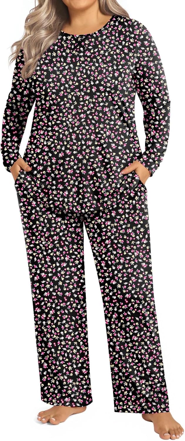 Plus Size Pajamas for Women Sets Long Sleeve Pj Sleepwear Soft Comfy Tops and Pants with Pockets XL, Floral Black - Image 2