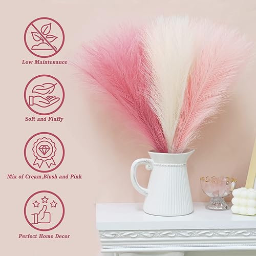 Miniatura 3 de CEWOR Decoración rosa de hierba de las pampas, flores falsas cortas de 17 pulgadas, rellenos de jarrón, hierba pomposa, decoración navideña bohemia