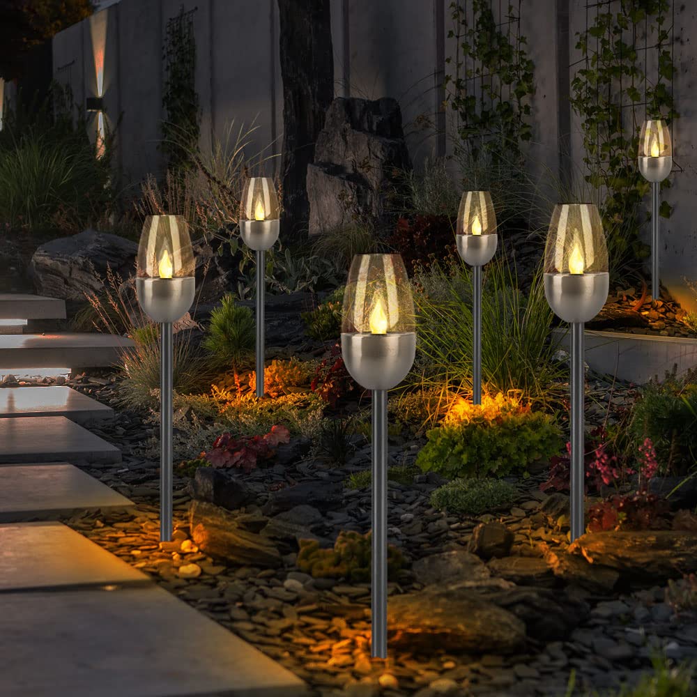 Solarleuchte Wegelampe Außenleuchte, Gartenfackel mit Feuereffekt, Terrassenlampe, integrierter Akku, Metall, schwarz, LED, DxH 6x38cm, 5er Set