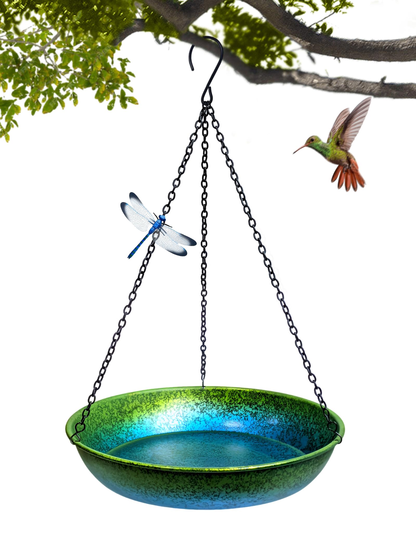 Baño colgante para pájaros para exteriores, comedero colgante de metal, comedero para pájaros, pintado a mano, degradado azul y verde, 11 pulgadas, para que los pájaros se bañen y beban para patio