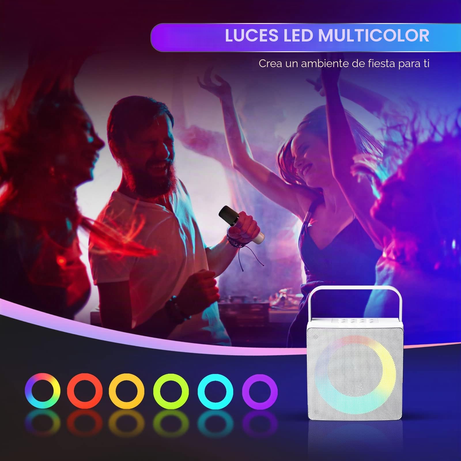 Karaoke Bluetooth con 2 Micrófonos Inalámbricos, Karaoke Profesional Completa con Luz LED, Altavoz de Karaoke con USB/Tarjeta TF/AUX, Sistema de Sonido Regalos para Fiestas y Canto (White)