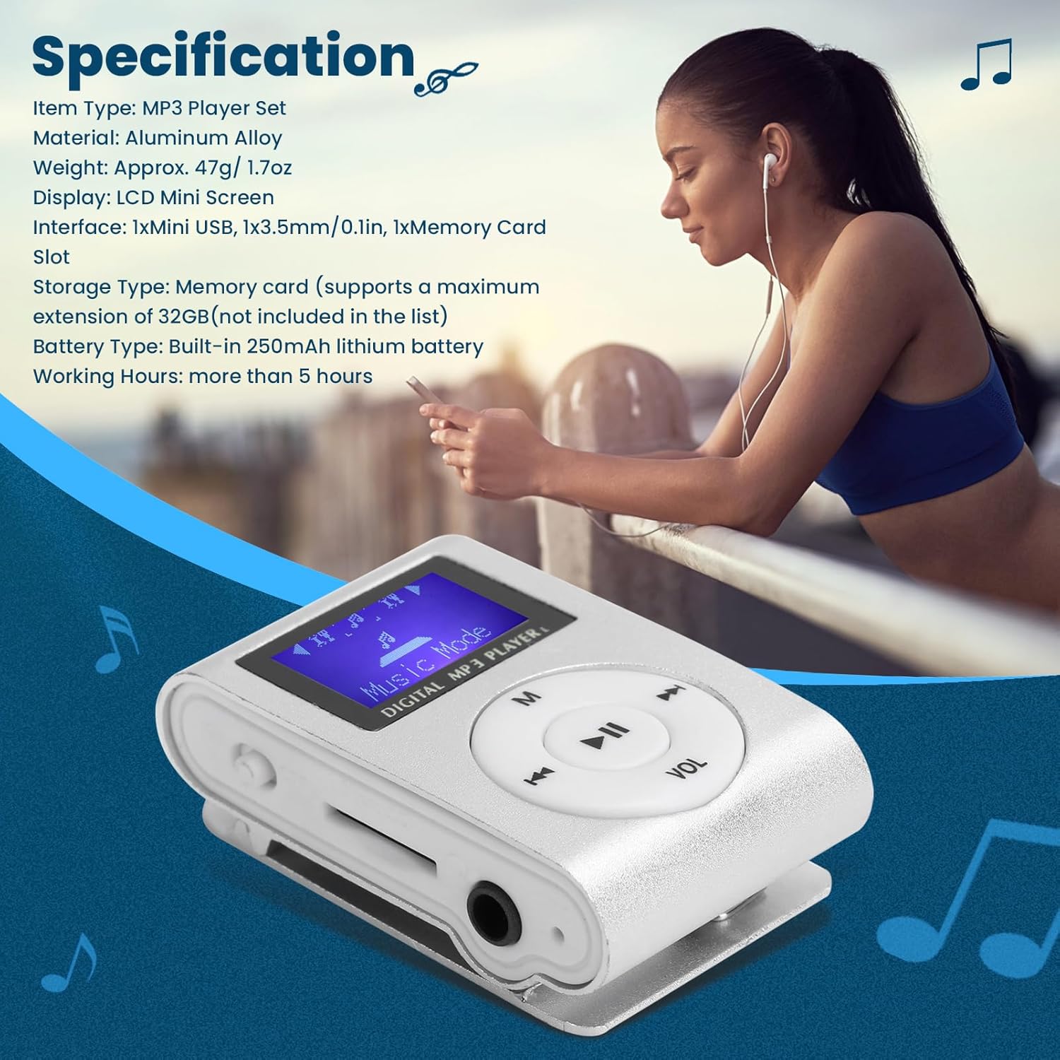 Portable Mini MP3 Music Player with Clip, USB & LCD Screen, Supports 32GB Memory Card, Earphone & USB Cable (Silver) - Image 2