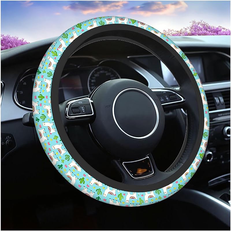 Capa para Volante Swono com Lhama e Cacto, Neoprene Respirável, Estampa Verde, 38,1 cm
