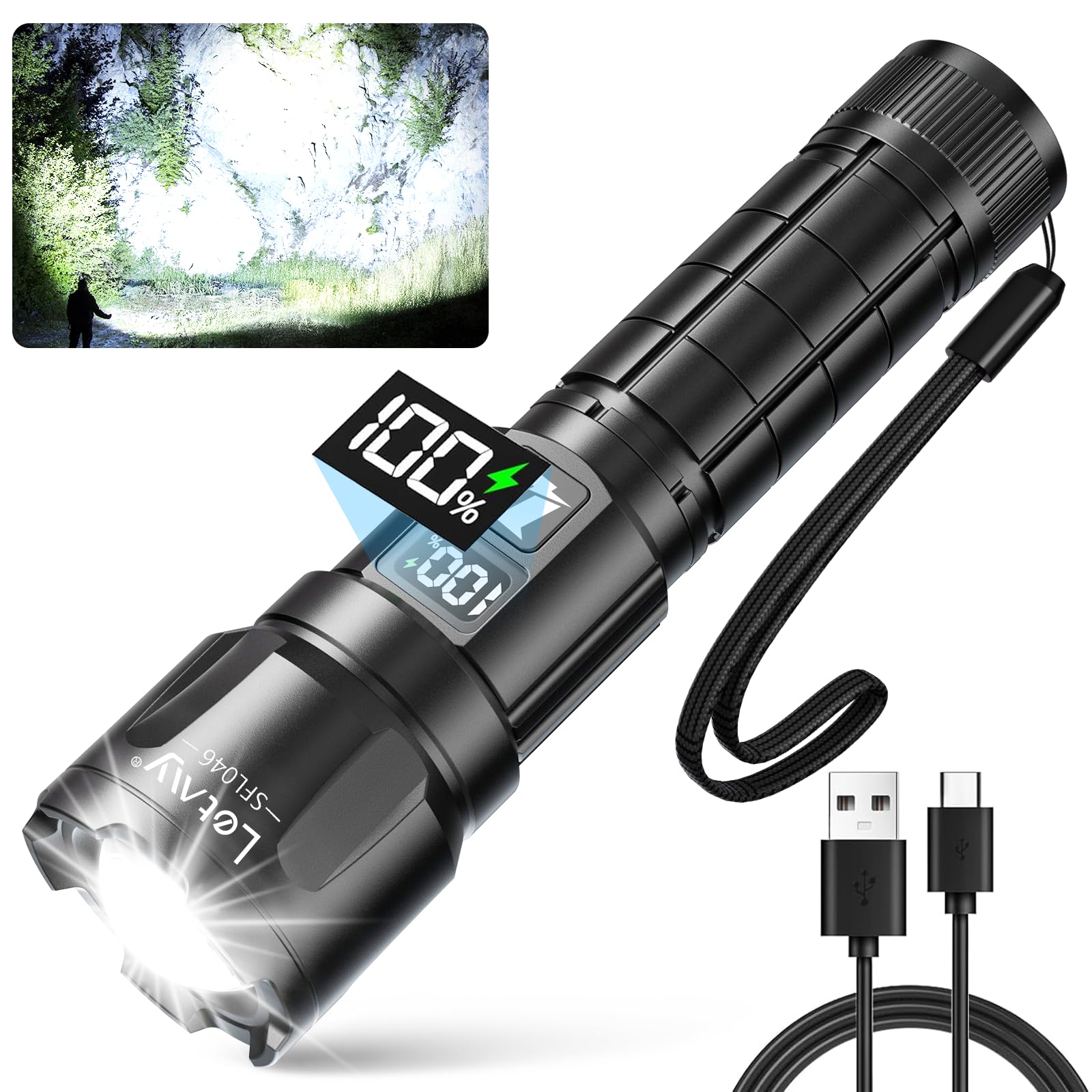 LETMY Rechargeable Flashlights 990000 High Lumens, Super Bright LED Flashlight, Zoomable Powerful Camping Flashlights with LCD Digital Display, 3 Modes Waterproof Flash Light for Home Emergency