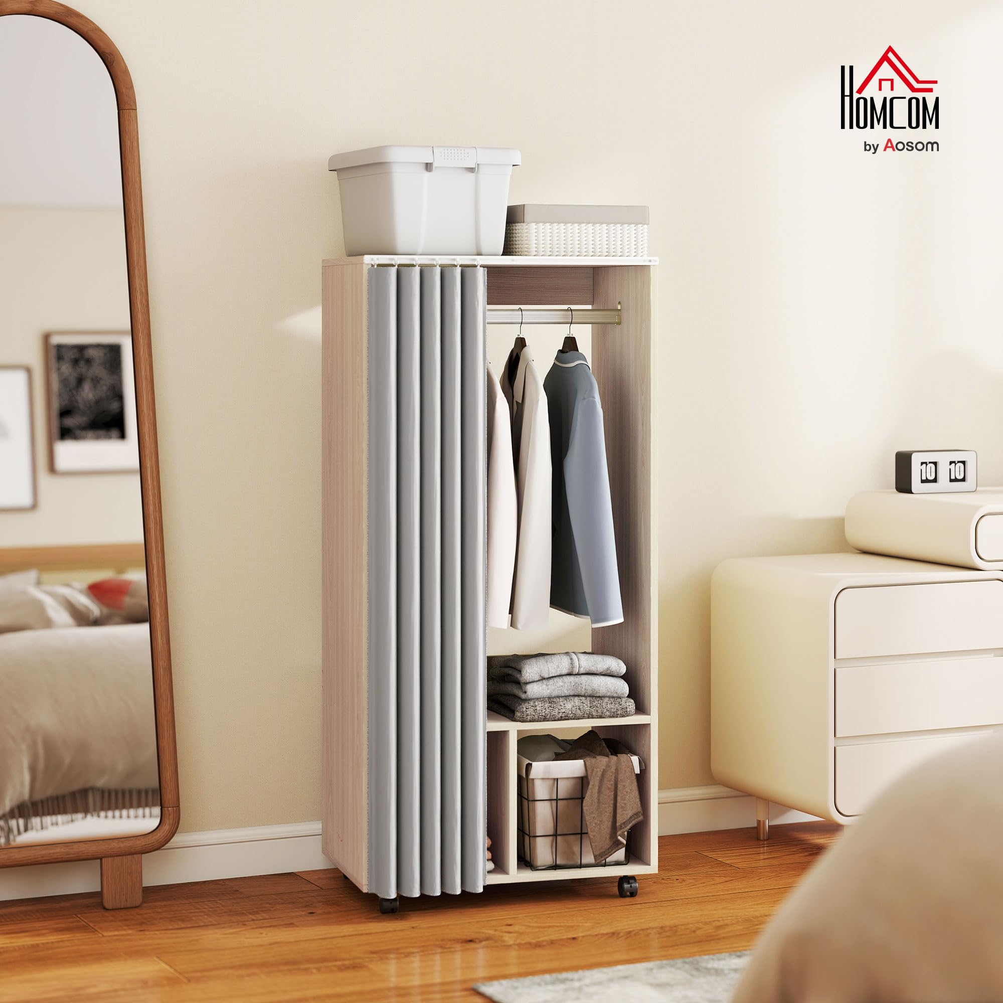 HOMCOM Armoire penderie mobile dressing avec rideau armoire de rangement 4 roulettes avec tringle de suspension et étagères, penderie vêtement roulant pour chambre, 60 x 40 x 128 cm effet bois naturel