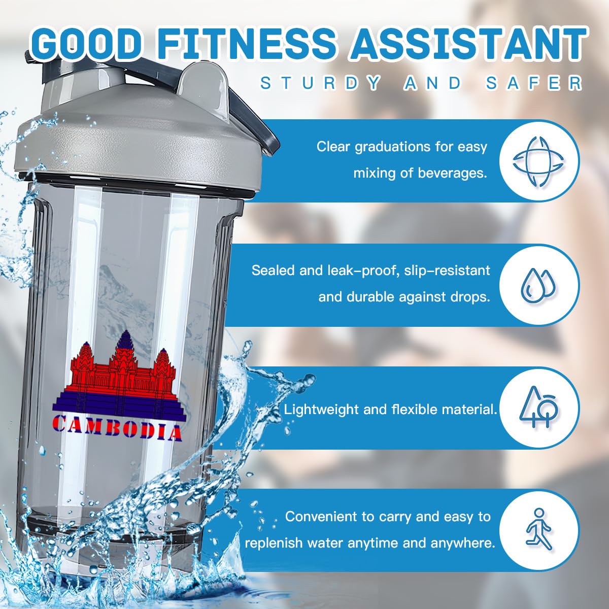 Cambodian Buddha Palace 2 18 Ounce Shaker Cup,Fashion Theme Pattern Shaker Bottle Leak-proof Workout Shake Bottles 500ML/18 oz Perfect for Pre Workout Gray 0