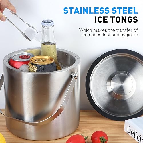 Miniatura 7 de Cubo de hielo de 3L con tapa de silicona, colador, pinzas, cubo de hielo de acero inoxidable con aislamiento de doble pared, cubo de vino para