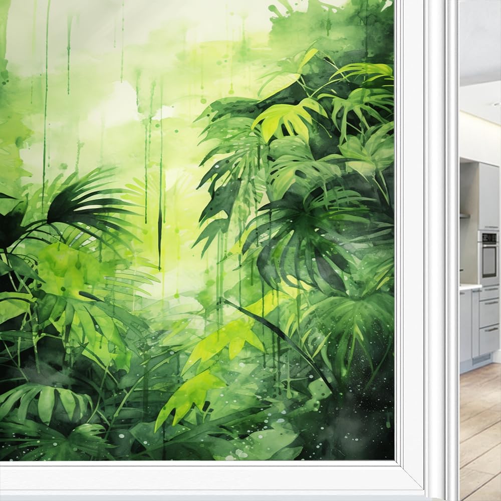 Fensterfolie mit Aquarellblättern, dekorativ, abstrakt, grün, tropischer Wald, Pflanze, Buntglas-Fensterfolie, Sonnenblockierung, Hitzekontrolle, kein Klebstoff, Fensterabdeckungsfolie für