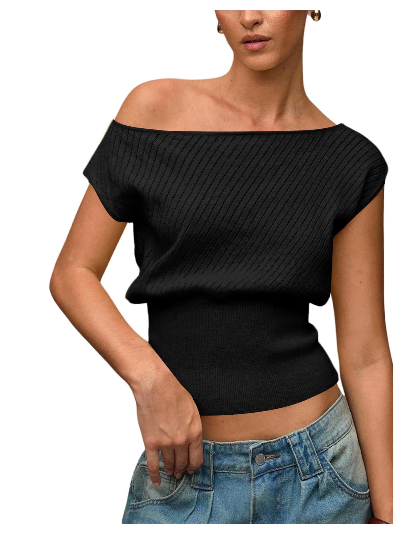 Verdusa Womens Going Out Tops Off The Shoulder Lightweight Sweater Cap Sleeve Cinched Waist Crop Top Black Large