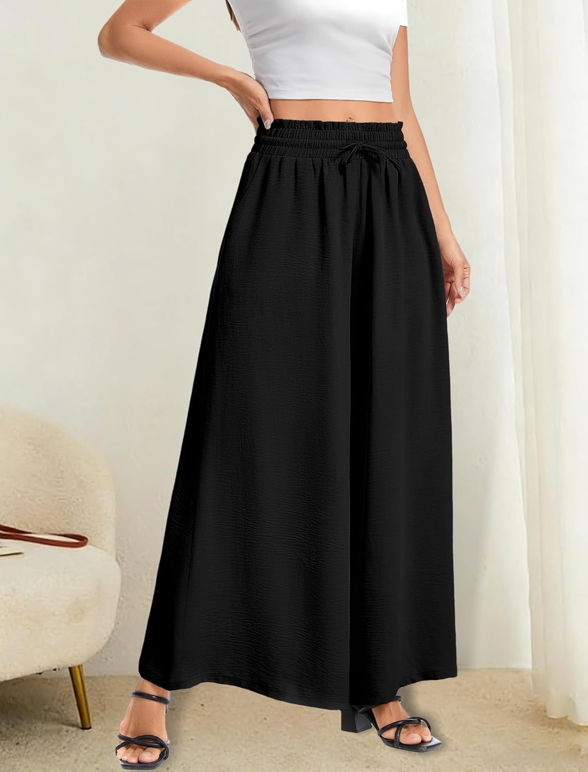 Women’s Wide Leg Pants Drawstring Elastic Waist Casual Trousers Lightweight Loose Lounge Pants with Pockets - Image 4