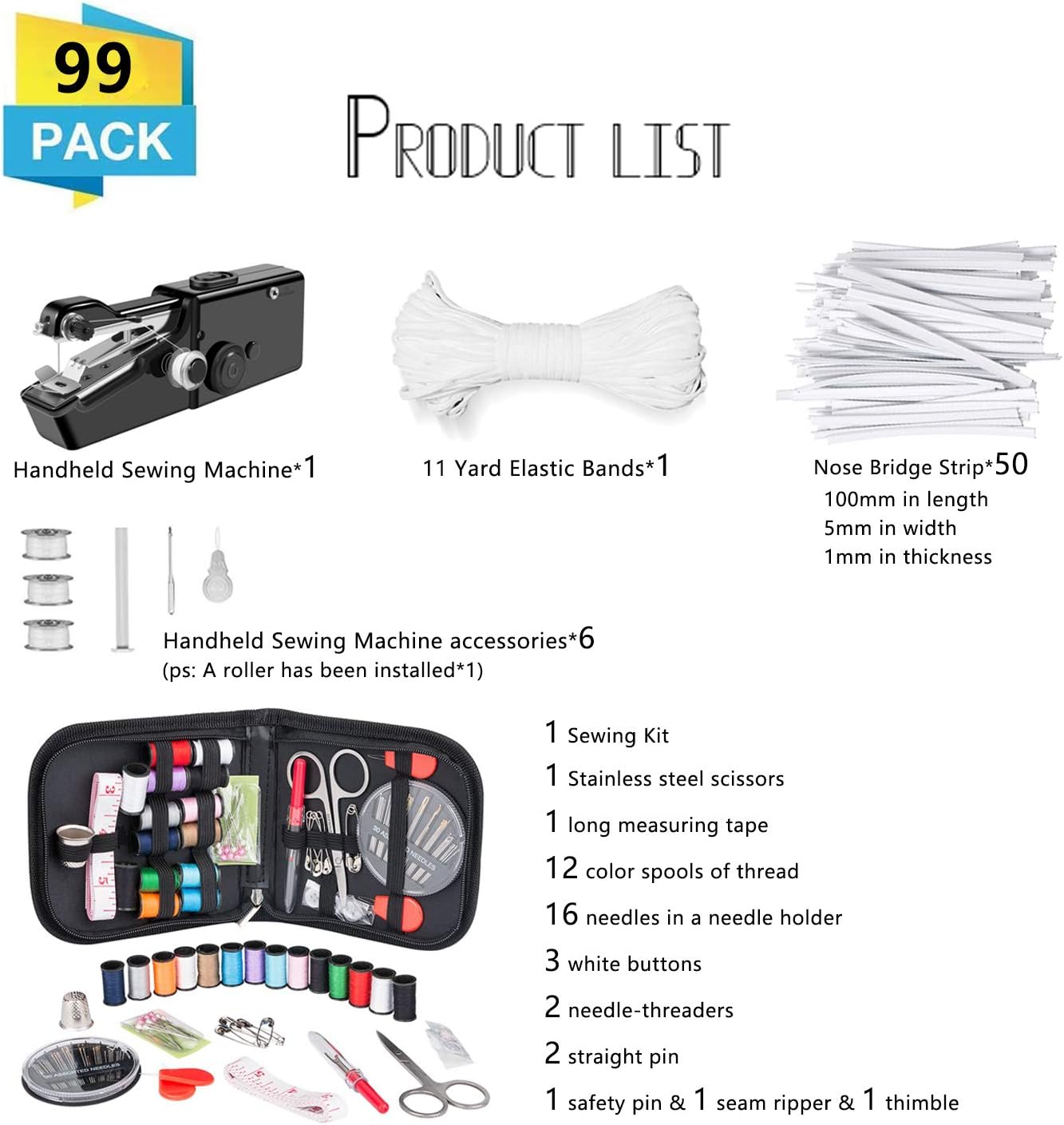 Handheld Sewing Machine, Mini Handy Cordless Portable Sewing Machine, with Sewing KIT 11Yards Elastic Band and 50Pcs Nose Bridge Band Clip for Beginners Quick Handy Stitch DIY Sewing Crafts Kit 99 PCS
