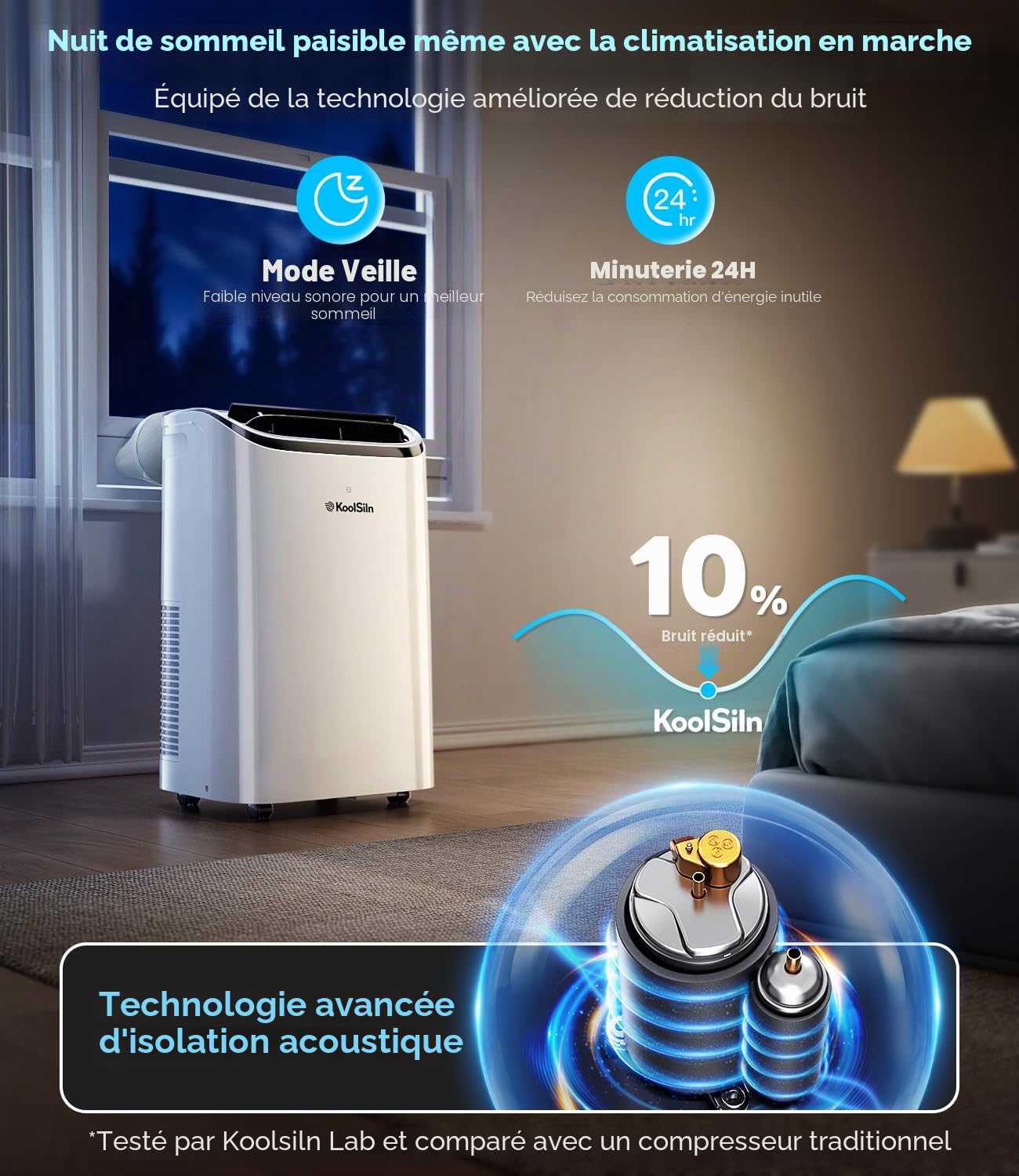 Climatiseur portable de 14 000 BTU avec fonctionnement silencieux et système d'évaporation automatique