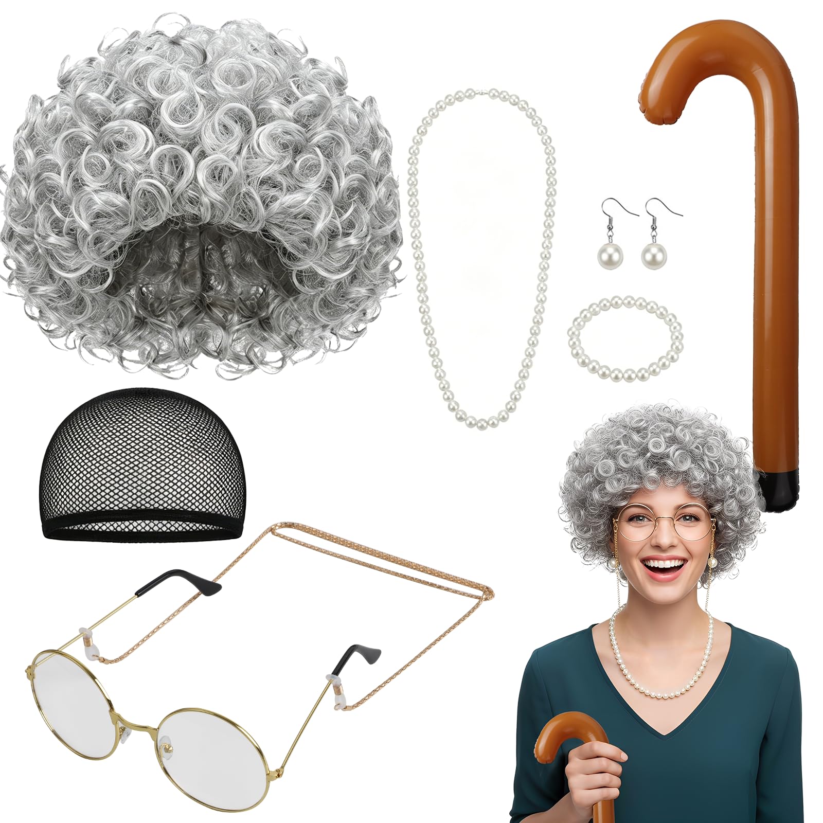 8 Pcs Old Lady Fancy Dress Set, Grandma Wig Cap Including Glasses Pearl Earring Bracelet Necklace Inflatable Walking Stick, Grandmother Fancy Dress Accessories for Halloween Retro Stage World Book Day