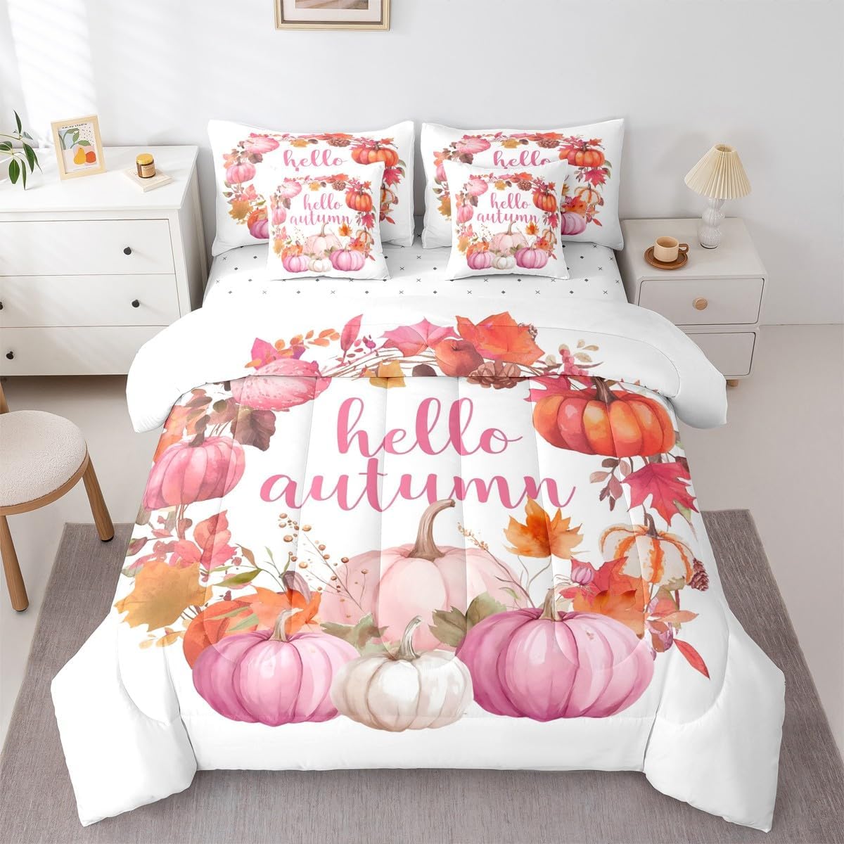 Feelyou Kids Pink Fall Comforter Set Queen Size 7 Pieces Comforters Fall Pumpkin Maple Leaves Bedding Set Autumn Harvest Bed Set Bed in a Bag with Comforter, Sheets, Pillowcases & Cushion Covers