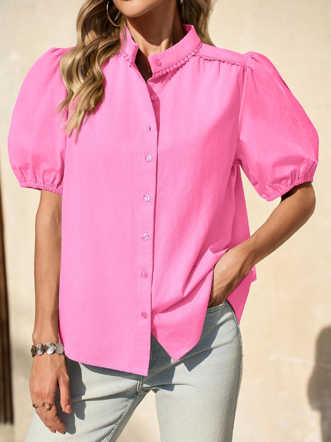 Tankaneo Womens Puff Sleeve Button Down Shirts Cotton Pleated Loose Fit Tops Summer Dressy Casual Blouses - Image 6