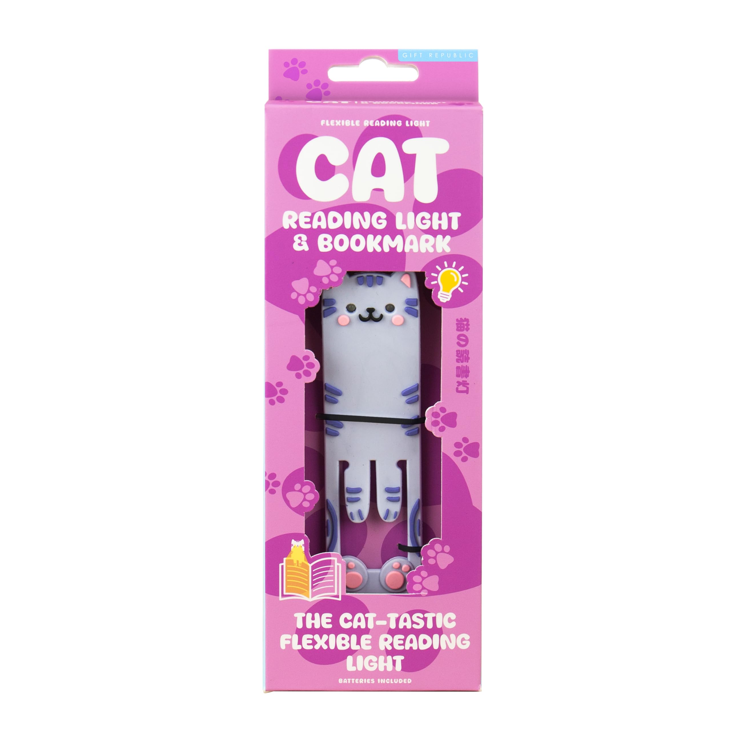 Gift Republic Book Buddy - Cat Reading Light and Bookmark - Flexible LED Night Light for Reading in Bed - Clip-On Cat Bookmark for Books- Kids Gift Idea, Purple