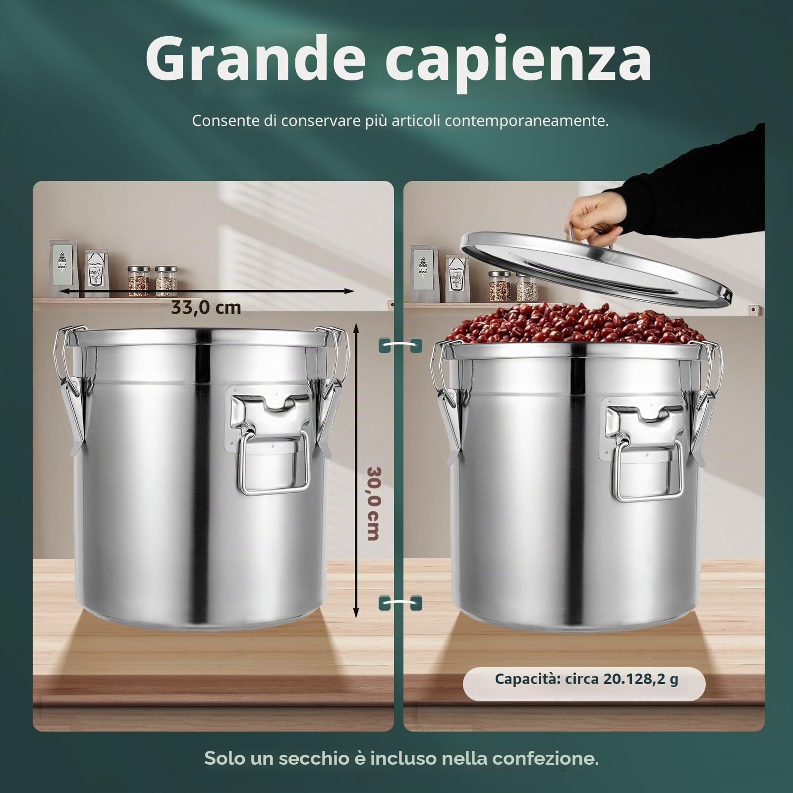 contenitore ermetico in acciaio inox 6/12/21/33 l, per cereali e conservazione alimenti in cucina