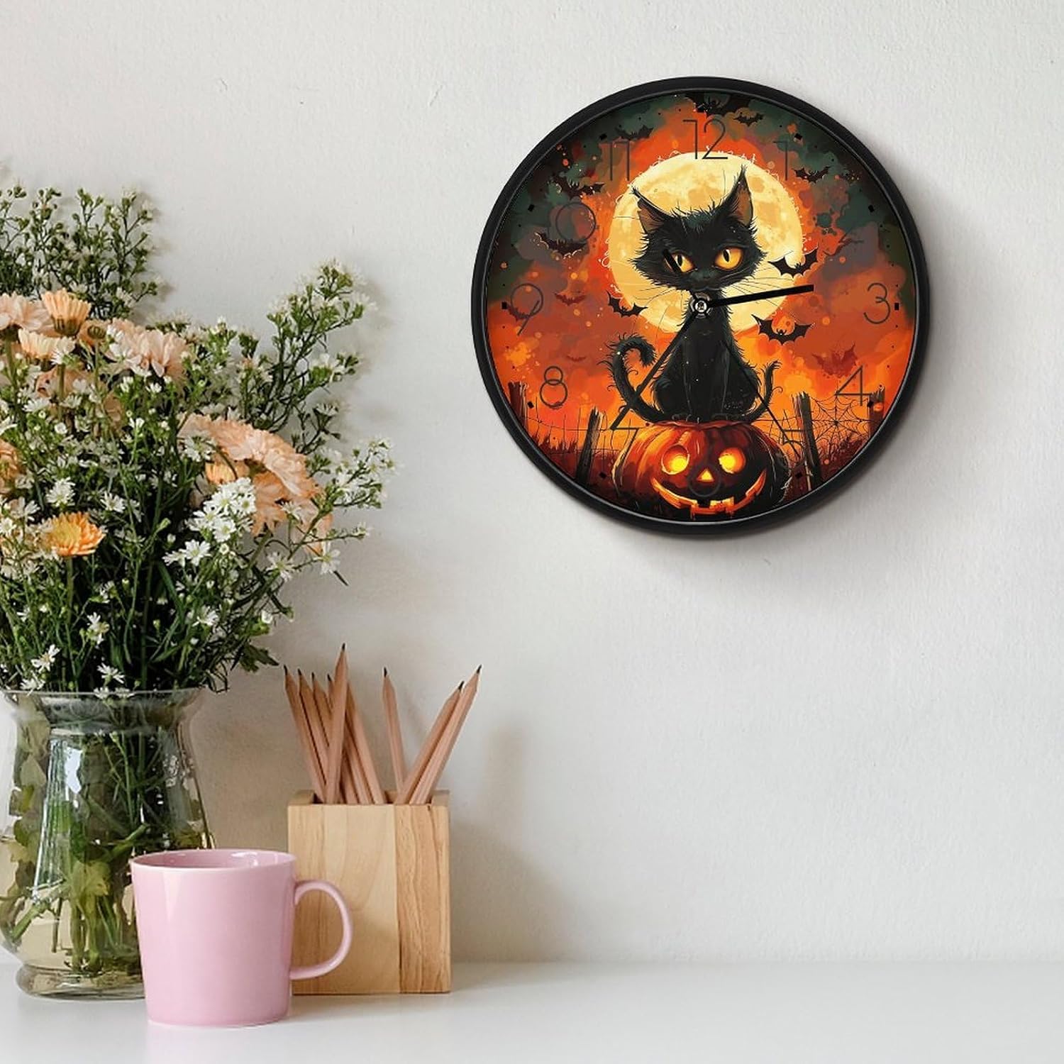 Halloween Black Cat Round Wall Clock Silent Clock 10 Inch image 3